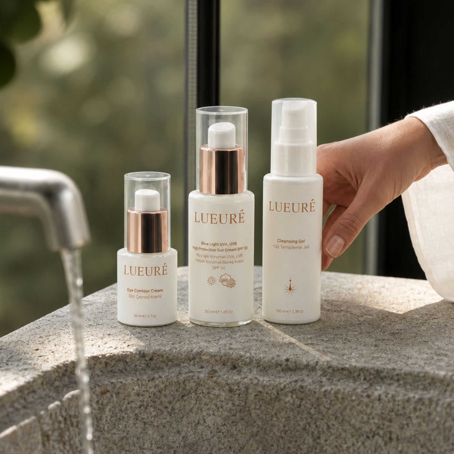 Lueuré SKIN 3'lü Ritüel Seti: temizleme jeli, göz çevresi kremi ve SPF 50 güneş kremi